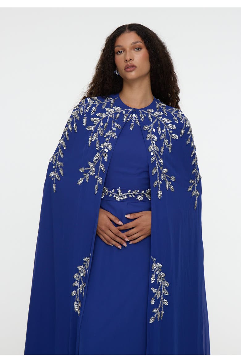 Modest Embellished Sequin Beaded Cape Dress Maxi, Alternate, color, ROYAL BLUE