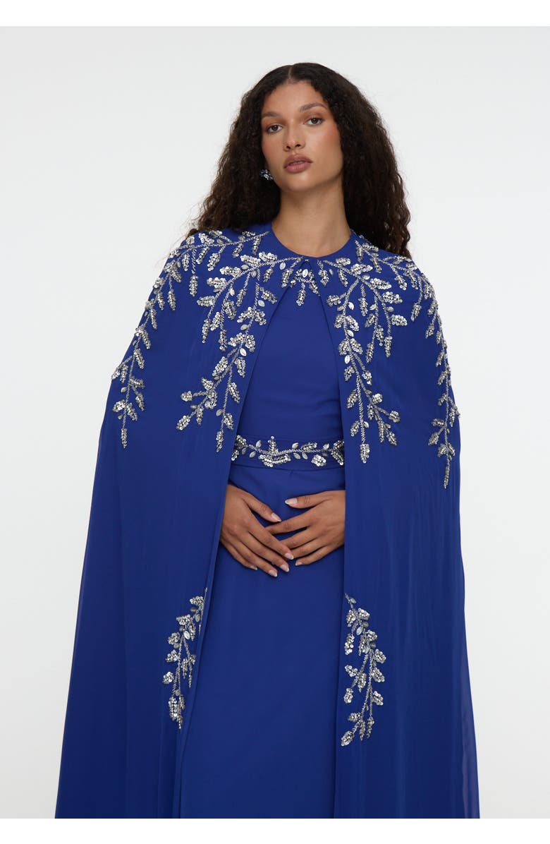 MARYISA Modest Embellished Sequin Beaded Cape Dress Maxi, Alternate, color, Royal Blue