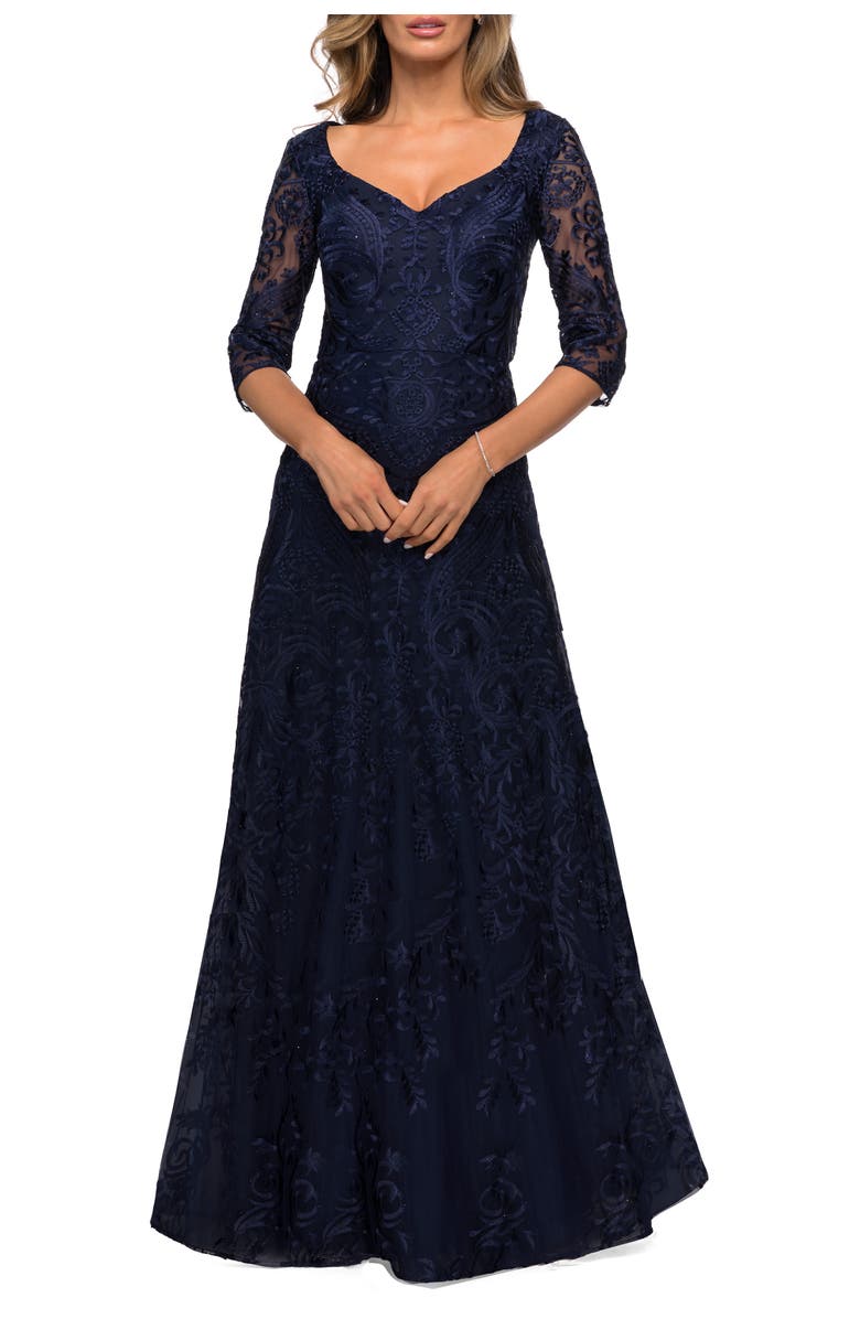 La Femme Embroidered Lace Gown with V Neckline and Flare Skirt, Main, color, Navy