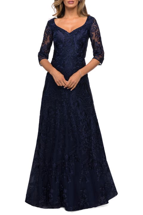 Embroidered Lace Gown with V Neckline and Flare Skirt