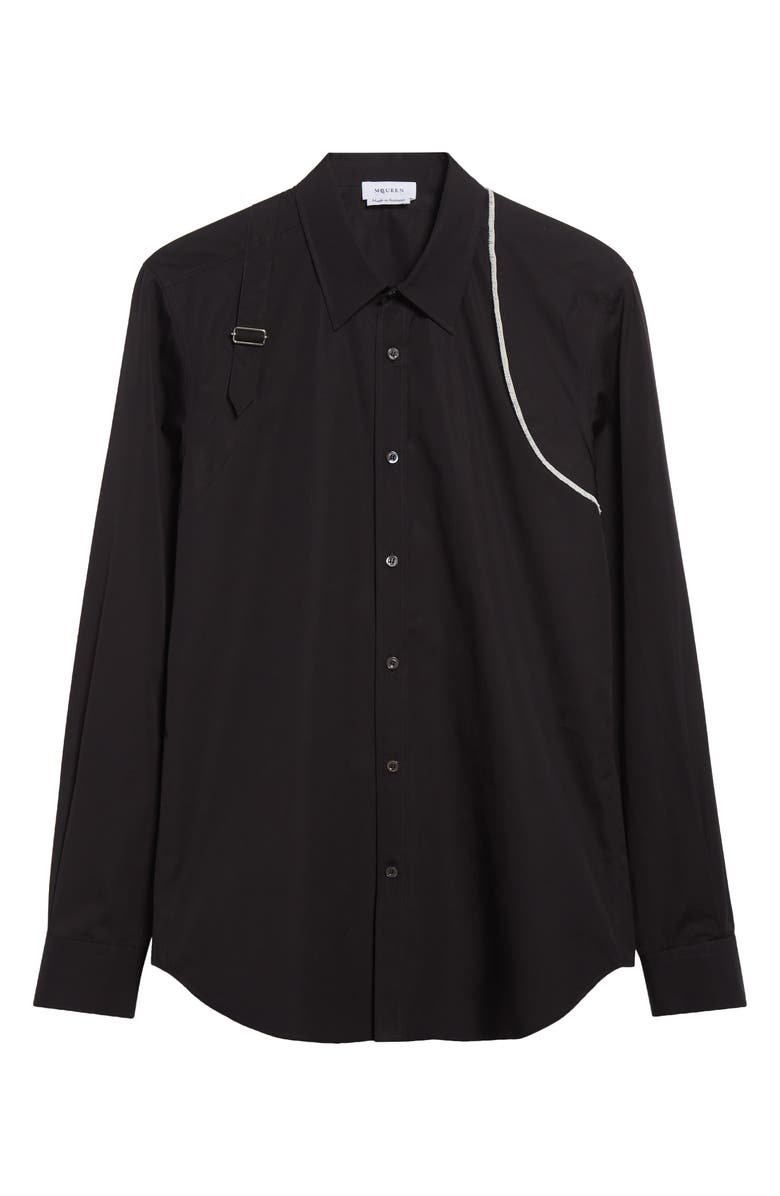 McQueen Raw Edge Harness Cotton Popling Button-Up Shirt, Alternate, color, Black