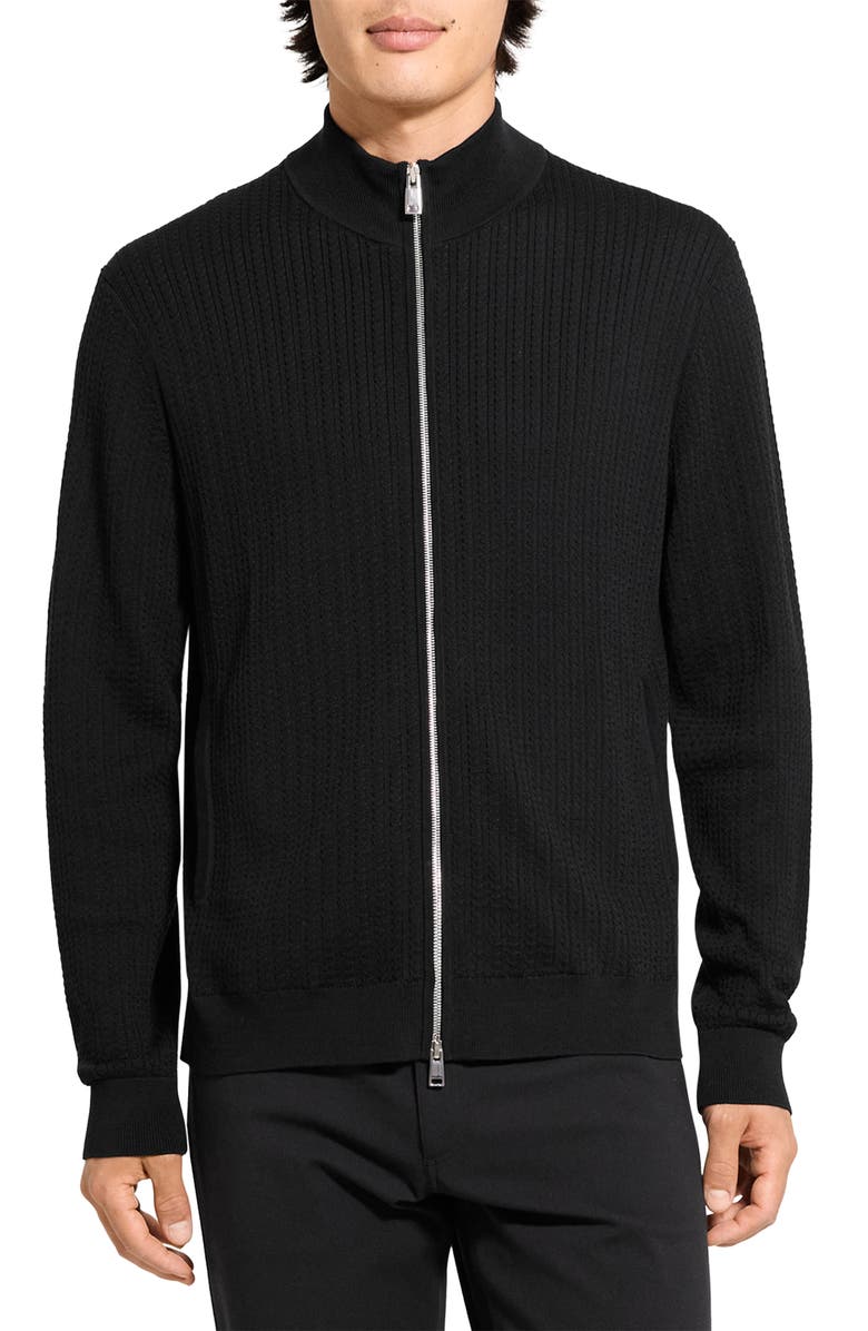Theory Walton Cabled Cotton Zip Cardigan, Main, color, Black