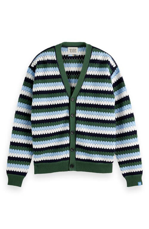 Scotch & Soda Men's Loose-fit Crocheted Stripe Cardigan In Sage Green Multi Stripe