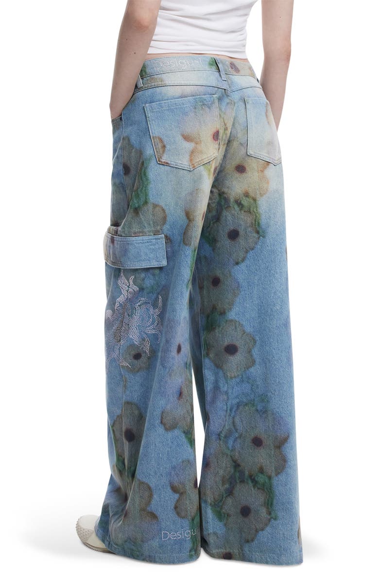 Desigual Flower Print Cargo Jeans, Alternate, color, Light Blue