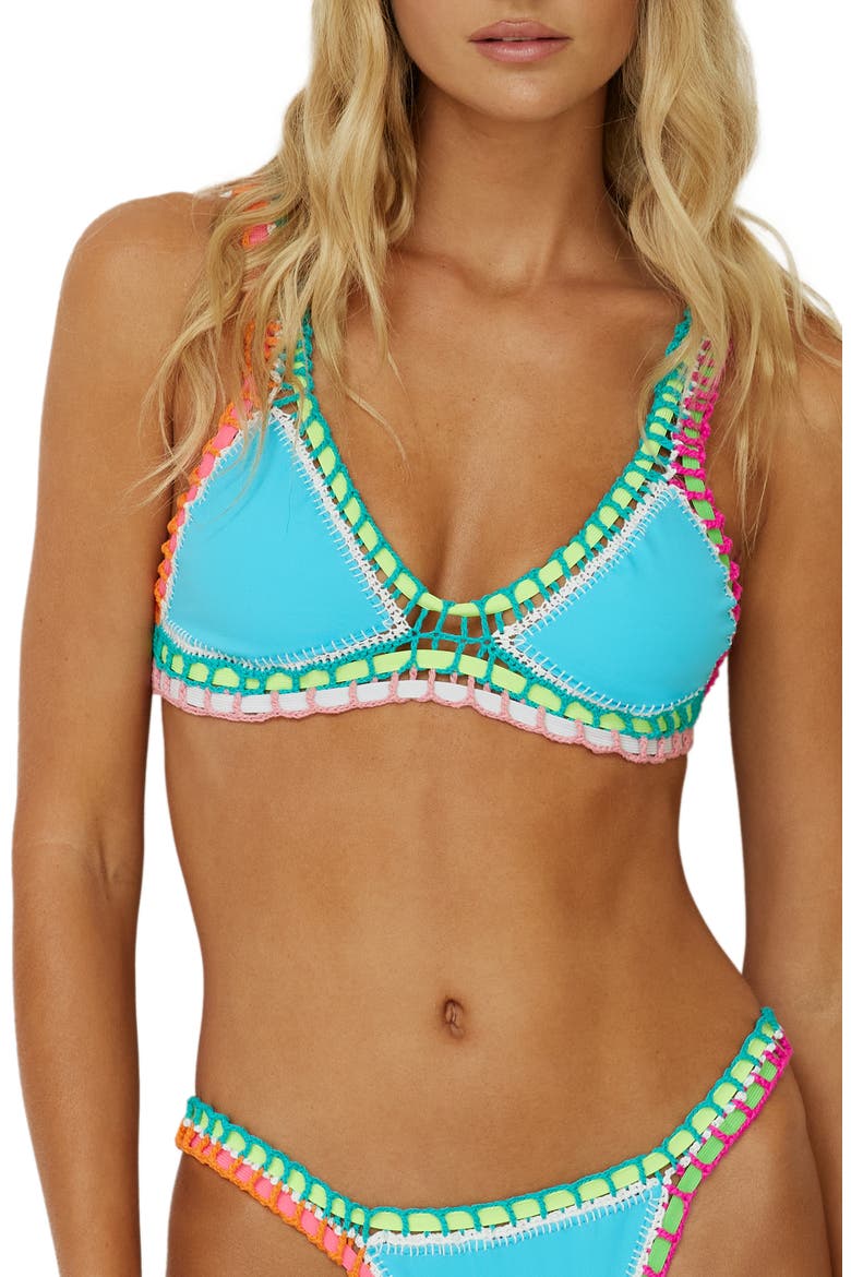 Colorful Whipstitch Trim Triangle Bikini Top, Main, color, PACIFIC BLUE