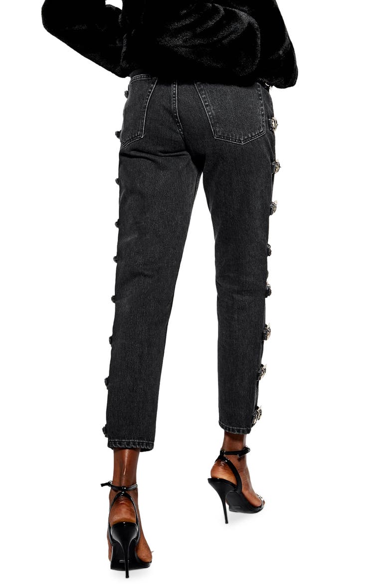 High Waist Side Buckle Mom Jeans, Alternate, color, BLACK
