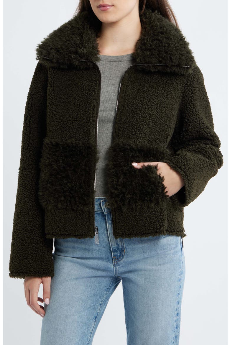 Zip Front Faux Shearling Jacket, Alternate, color, LODEN