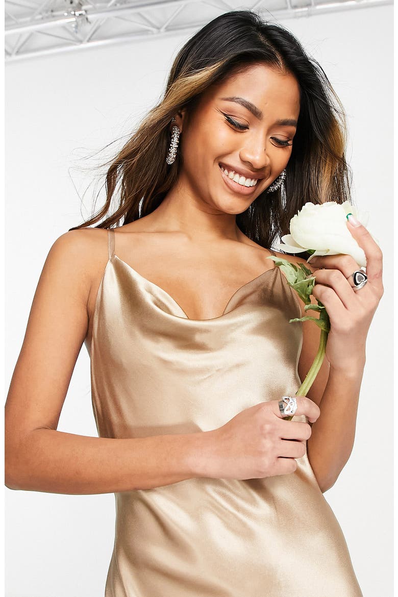 Tie Back Satin Bridesmaid Slipdress, Alternate, color, GOLD