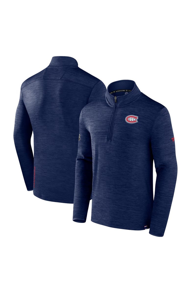 FANATICS Men's Fanatics Branded  Heather Navy Montreal Canadiens Authentic Pro Quarter-Zip Pullover Top, Alternate, color, 
