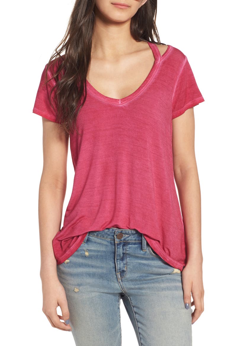 Oil Wash Cutout Tee, Main, color, PINK VIVACIOUS