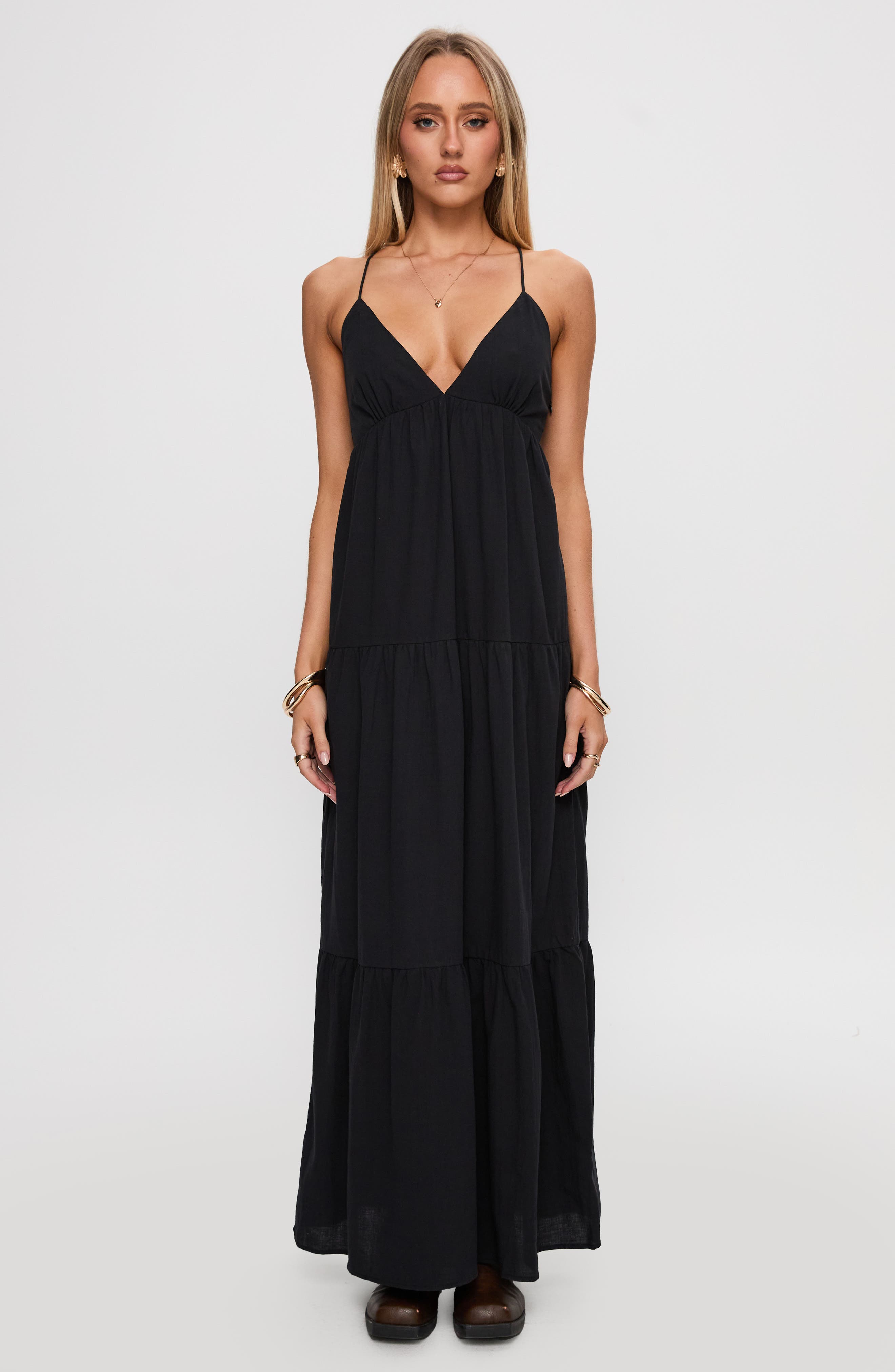 Princess Polly Chelsea Tiered Lace-Up Back Maxi Dress (Women