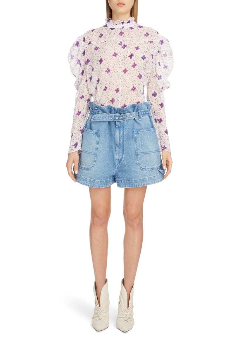 Floral Puff Shoulder Cotton & Silk Blouse, Alternate, color, WHITE