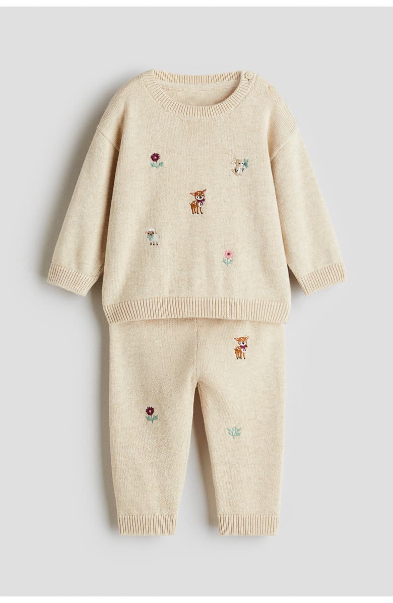 H&M 2-piece Embroidery-detail Cotton Set, Main, color, Light Beige/Deer