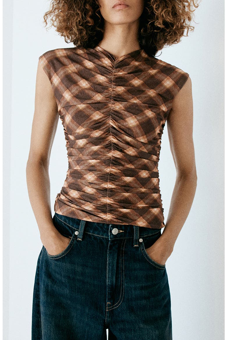 Ruched Plaid Sleeveless Top, Main, color, BROWN