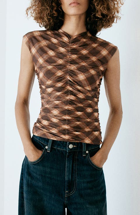 Ruched Plaid Sleeveless Top