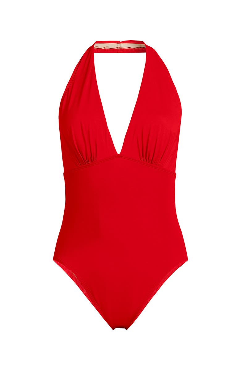 Lands' End SlenderSuit Halter Ruched Plunge High Leg One Piece Swimsuit, Alternate, color, Daylily Red
