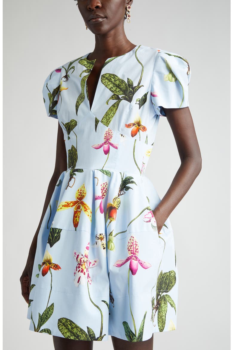 Orchid Print Puff Short Sleeve Dress, Alternate, color, LIGHT BLUE MULTI
