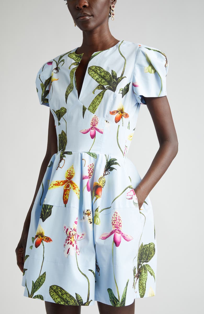 Oscar de la Renta Orchid Print Puff Short Sleeve Dress, Alternate, color,