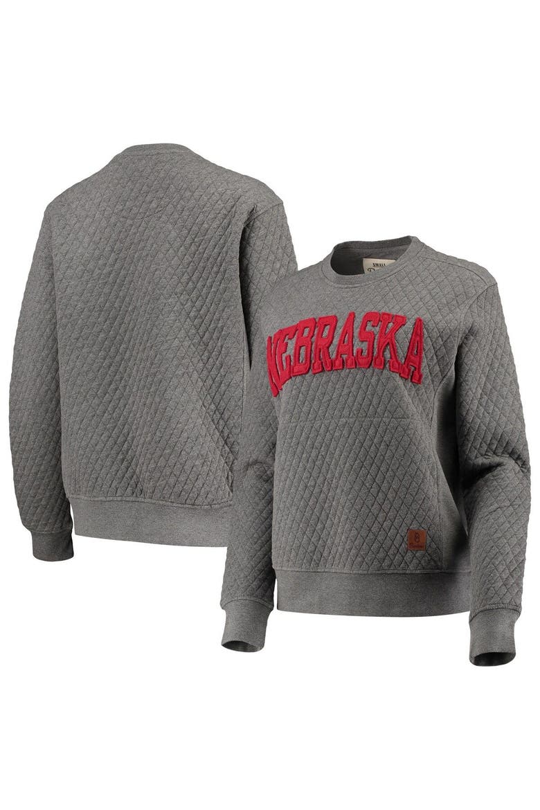 Women's Pressbox Heather Charcoal Nebraska Huskers Moose Quilted Pullover Sweatshirt, Alternate, color, Heather Gray