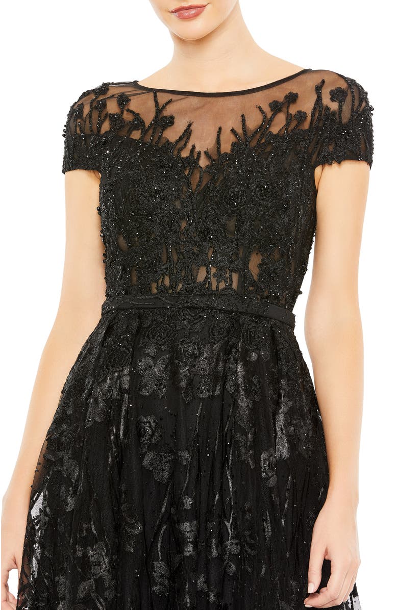 Mac Duggal Embellished Floral Cap Sleeve A Line Gown, Alternate, color, Black