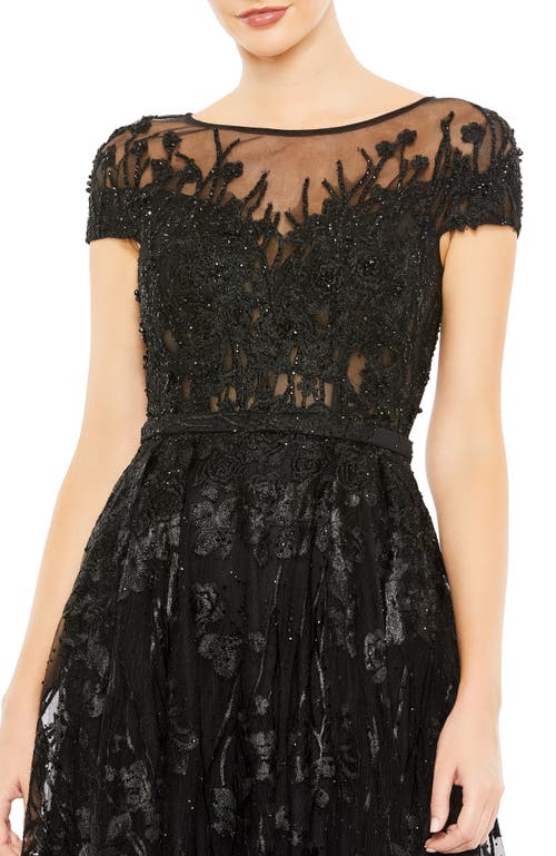 Mac Duggal Embellished Floral Cap Sleeeve A Line Gown In Black