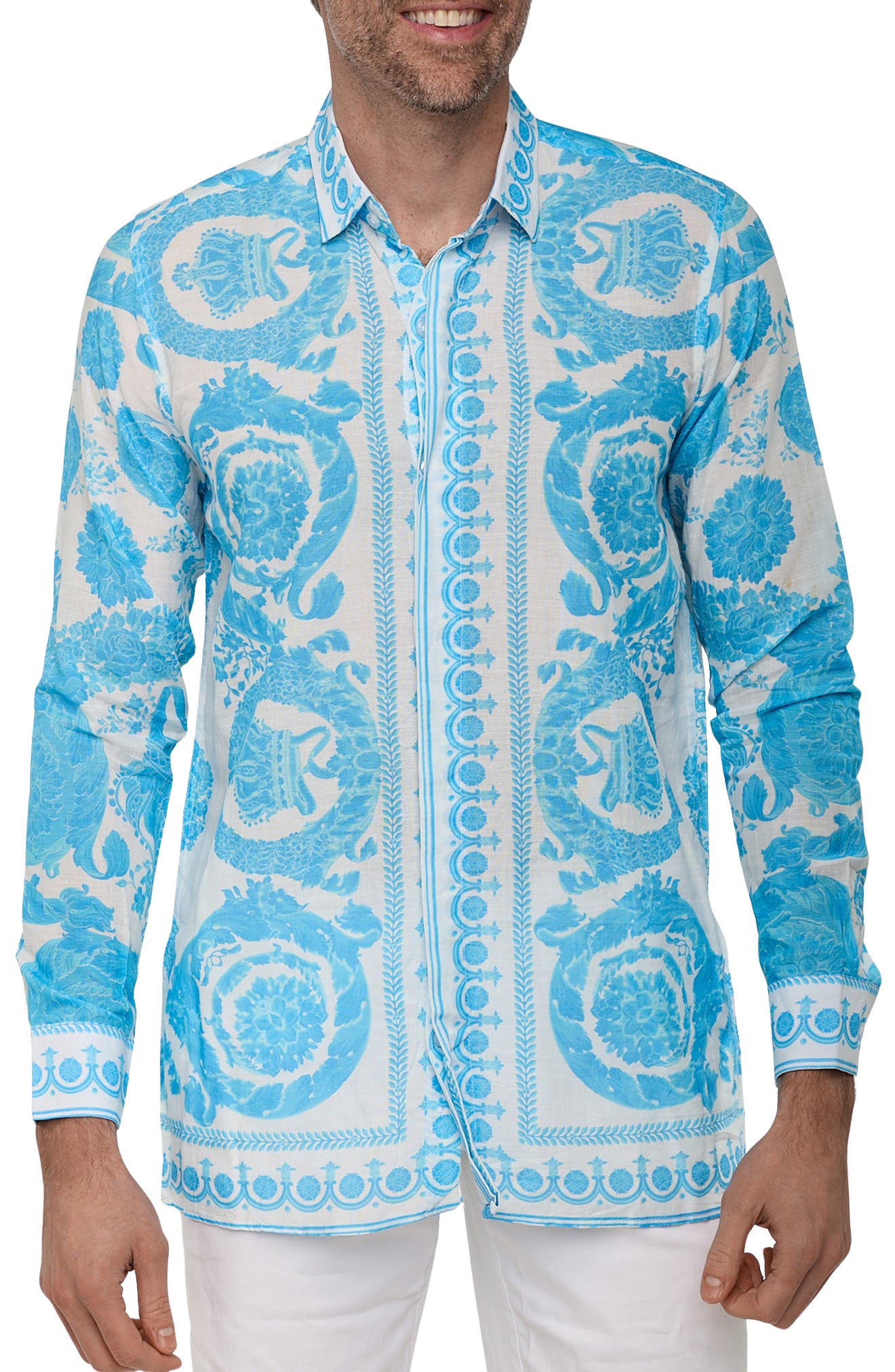 Extra Trim Fit Print Linen & Cotton Button-Up Resort Shirt