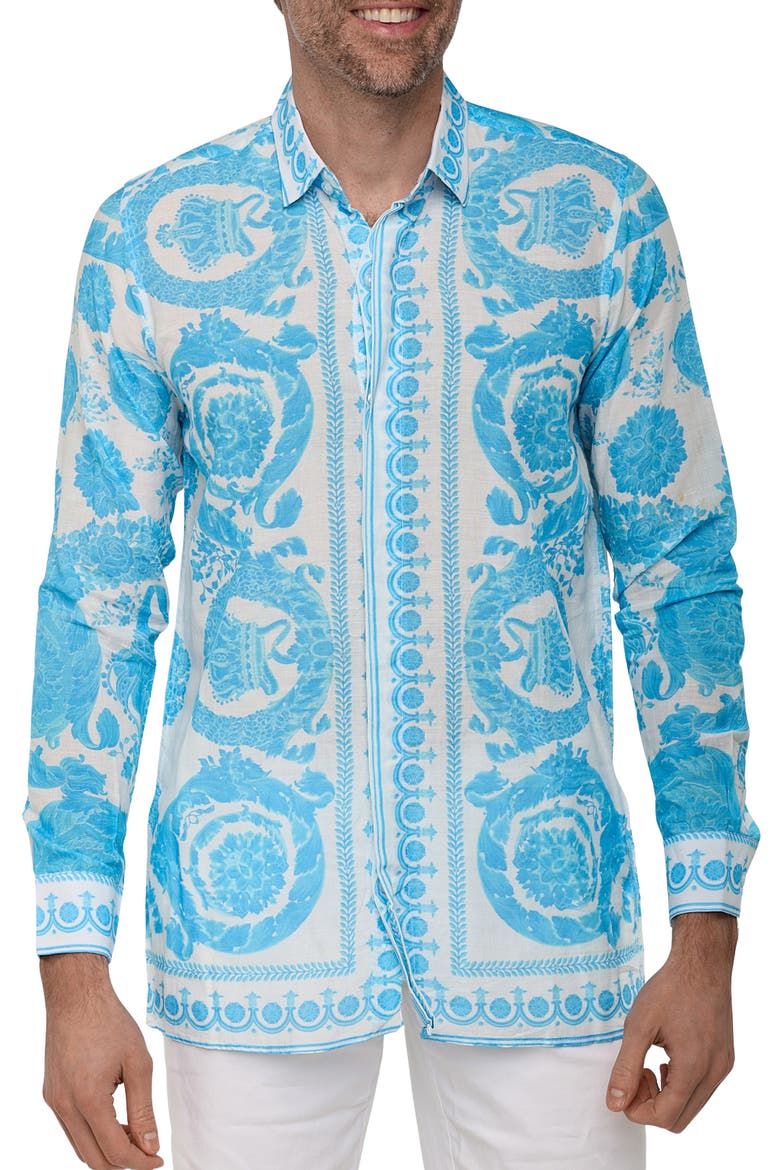 Extra Trim Fit Print Linen & Cotton Button-Up Resort Shirt, Main, color, BLUE