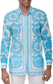 RANEES Extra Trim Fit Print Linen & Cotton Button-Up Resort Shirt
