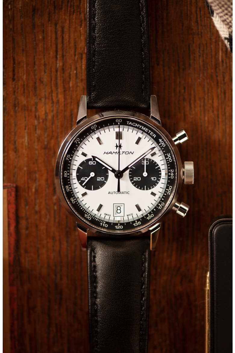 American Classic Intra-Matic Automatic Chronograph Leather Strap Watch, 40mm, Alternate, color, WHITE