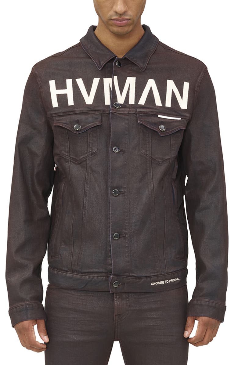 HVMAN MK1 Overspray Logo Denim Jacket, Main, color, Burg