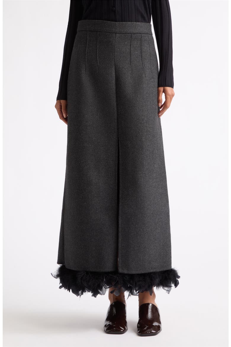Feather Trim Wool Blend Maxi Skirt, Main, color, MELANGE BLACK / WHITE