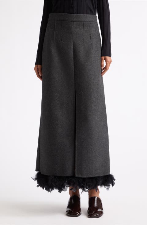 Feather Trim Wool Blend Maxi Skirt