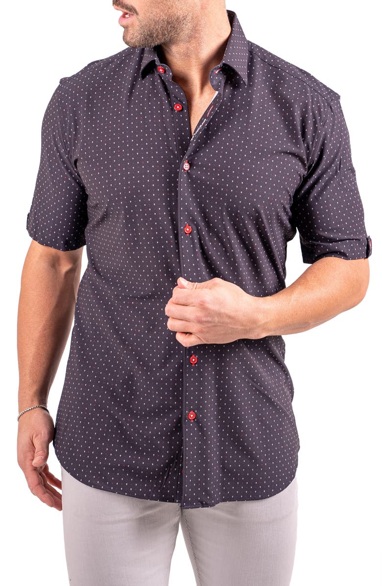 Maceoo Galileo Resistance Dot Print Short Sleeve Button-Up Shirt, Alternate, color, Black