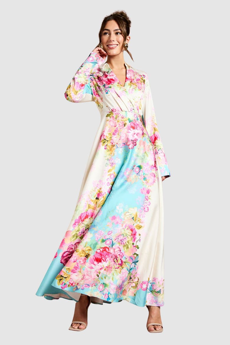 Placement Print Wrap Front Gown, Main, color, Multi