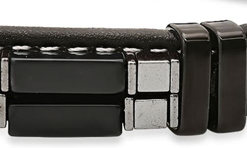 Hmy Jewelry Hematite & Black Agate Leather Bracelet