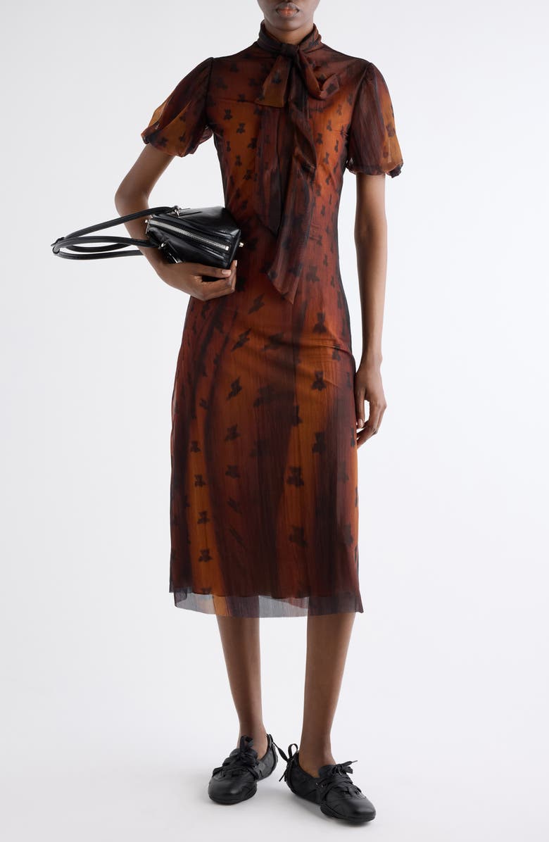 Acne Studios Emaija Teddy Print Puff Sleeve Mesh Dress, Alternate, color, Rust Brown