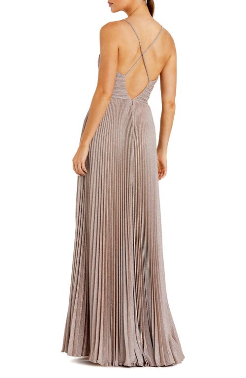 Mac Duggal Shimmer Pleated Plunge Neck Criss Cross Back Gown In Rose Gold