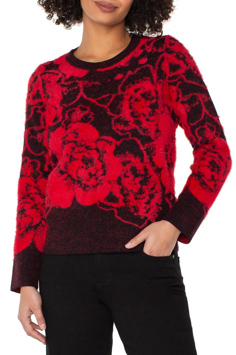 Fuzzy Floral Sweater, Main, color, BLACK / RED FLORAL