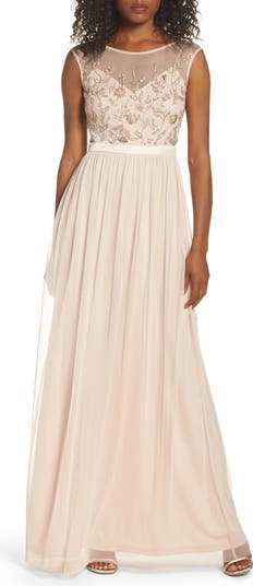 Adrianna Papell Women's Boho Beaded Mesh Gown Blue Size 4