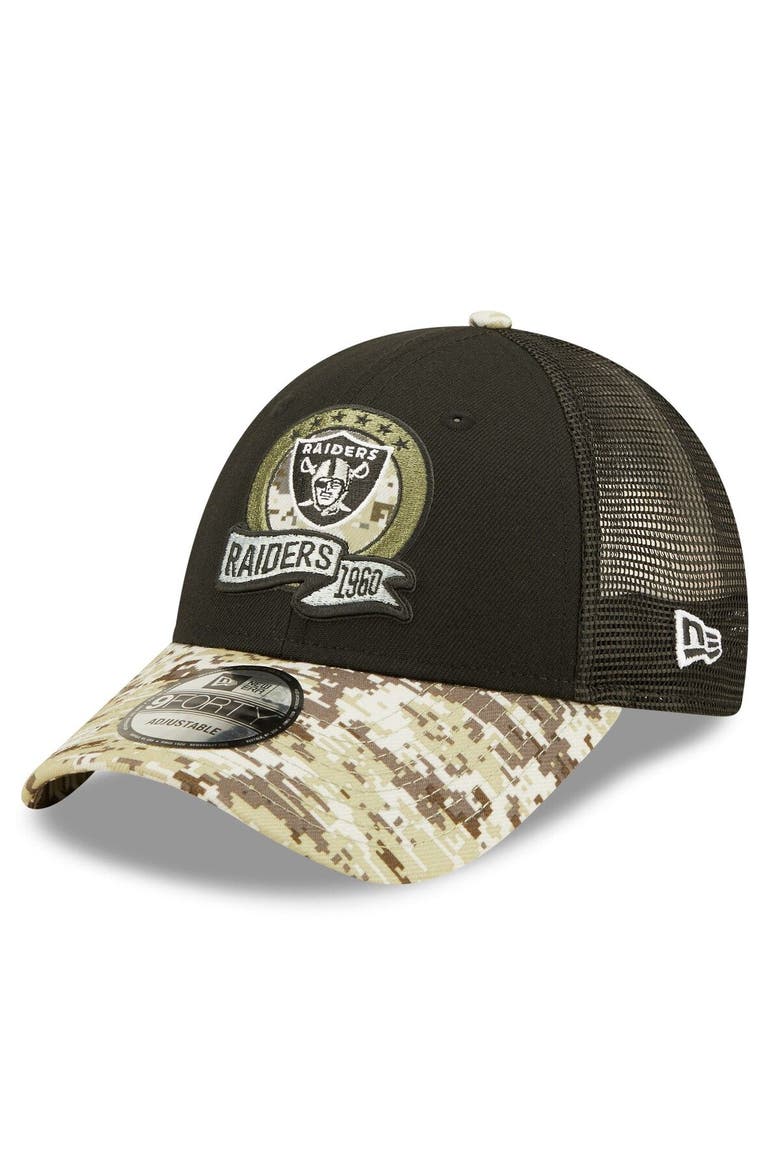 Men's New Era Black/Camo Las Vegas Raiders 2022 Salute To Service 9FORTY Snapback Trucker Hat, Alternate, color, Black