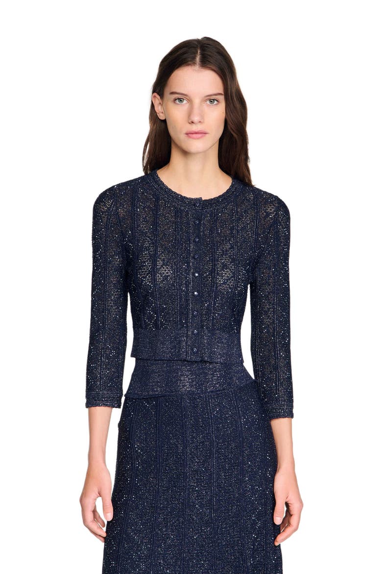 Strass knit cropped cardigan, Main, color, Navy blue