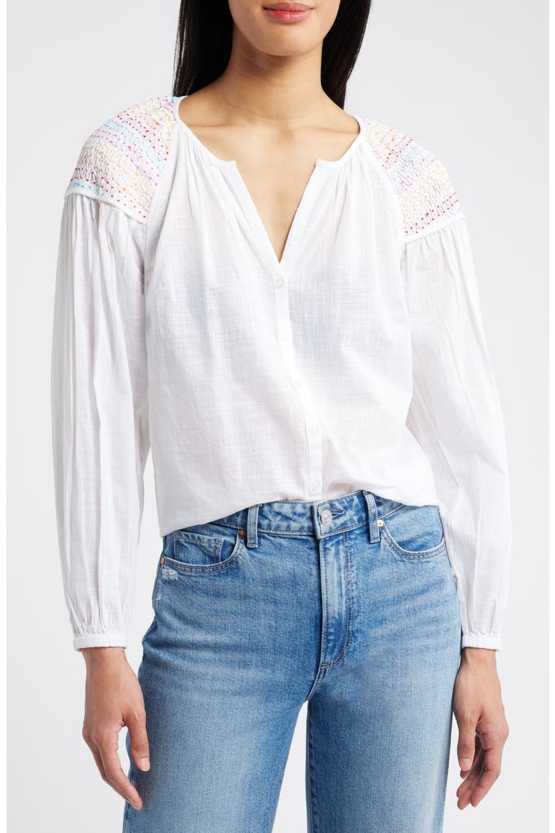 Smocked Shoulder Cotton Shirt, Main, color, WHITE