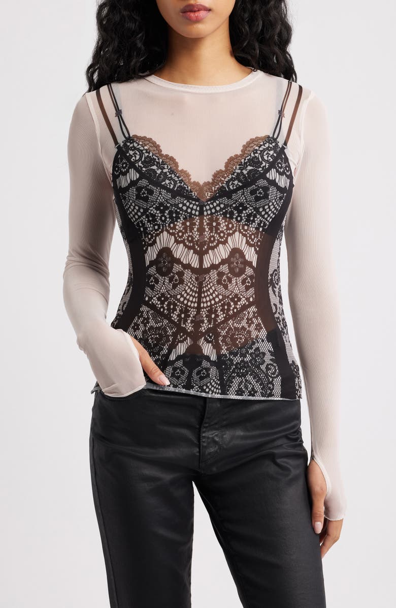 AFRM Kaylee Print Long Sleeve Mesh Top, Main, color, Corset Slip