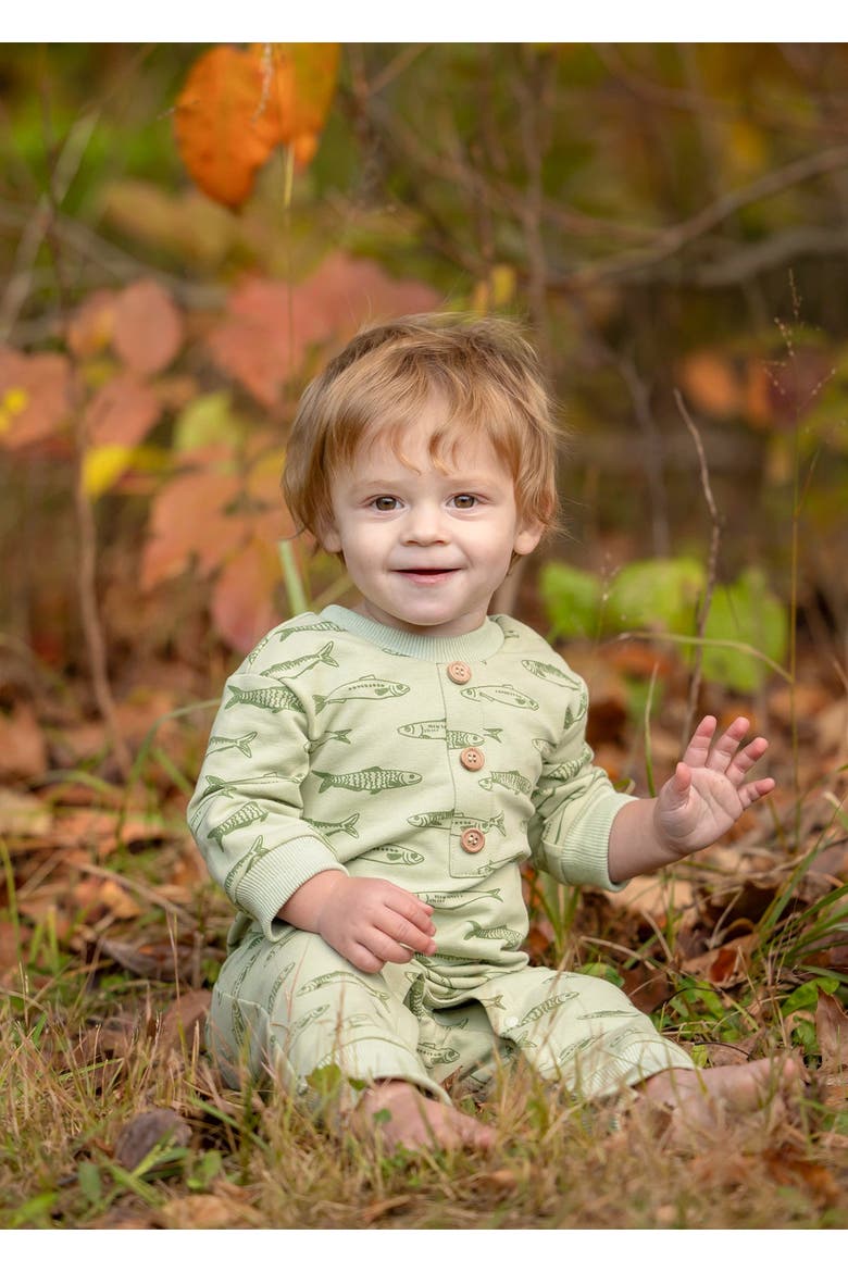 Matthew Long Sleeve Fish Print Ribbed Trim Button Placket Romper, Alternate, color, Green