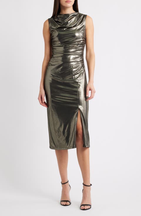Metallic Cowl Neck Sheath Dress