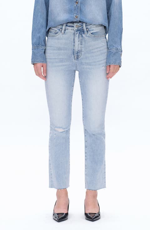 High Waist Raw Hem Ripped Straight Leg Jeans