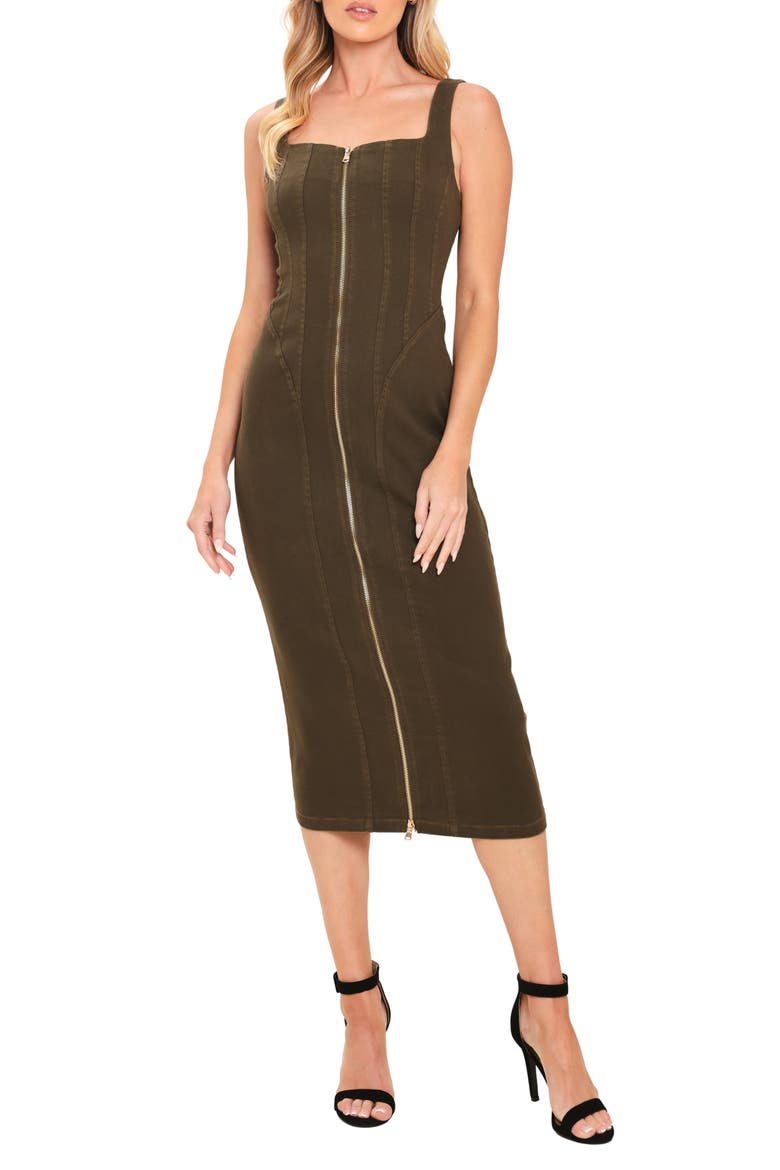 Front Zip Denim Body-Con Dress, Main, color, OLIVE