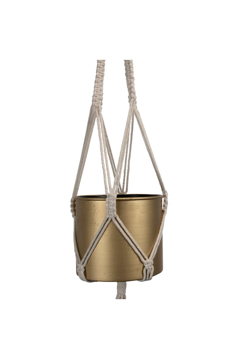 4.75" Macrame Rope Gold Metal Hanging Planter Cylinder Pot Indoor Hanging Planter, Alternate, color, Gold