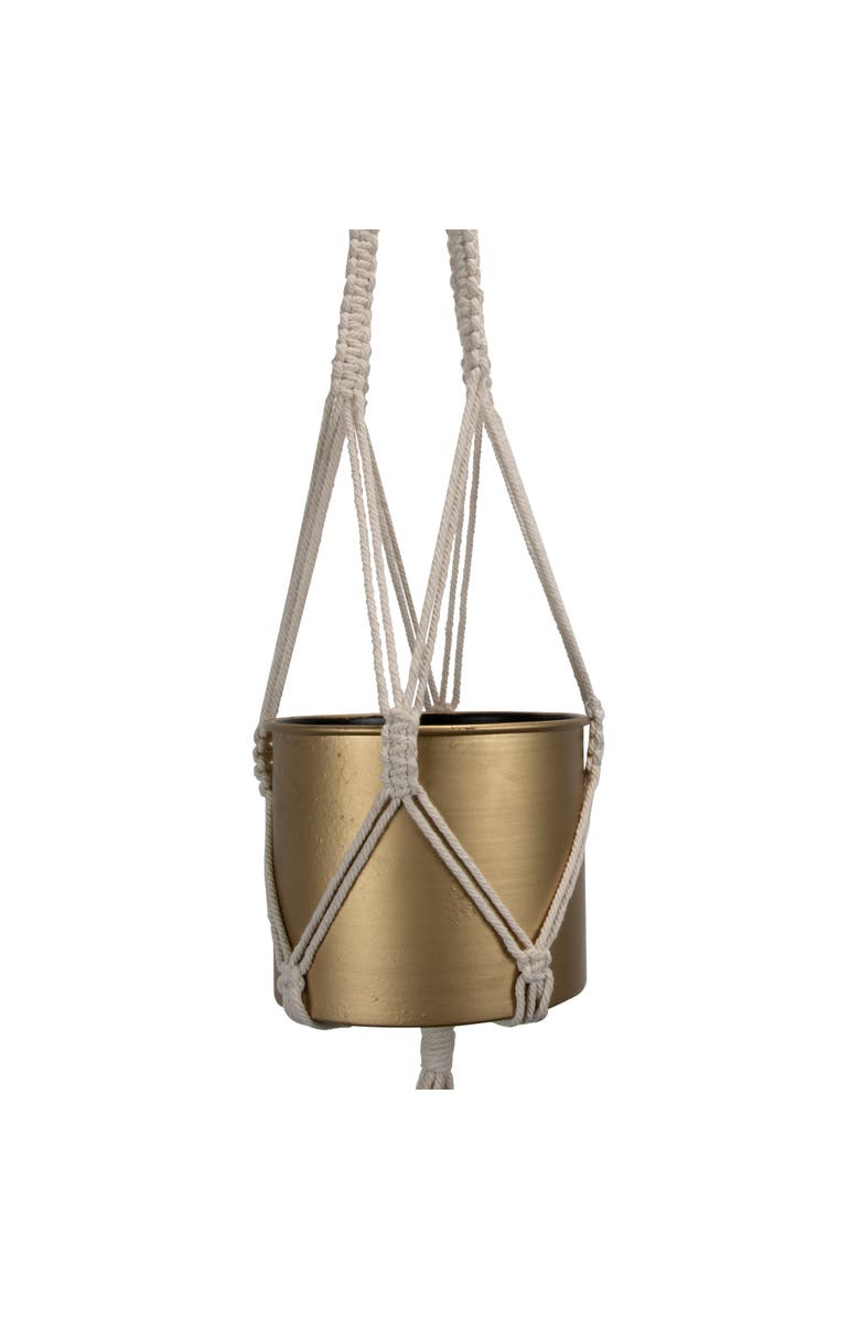 Foreside Home and Garden 4.75" Macrame Rope Gold Metal Hanging Planter Cylinder Pot Indoor Hanging Planter, Alternate, color, Gold