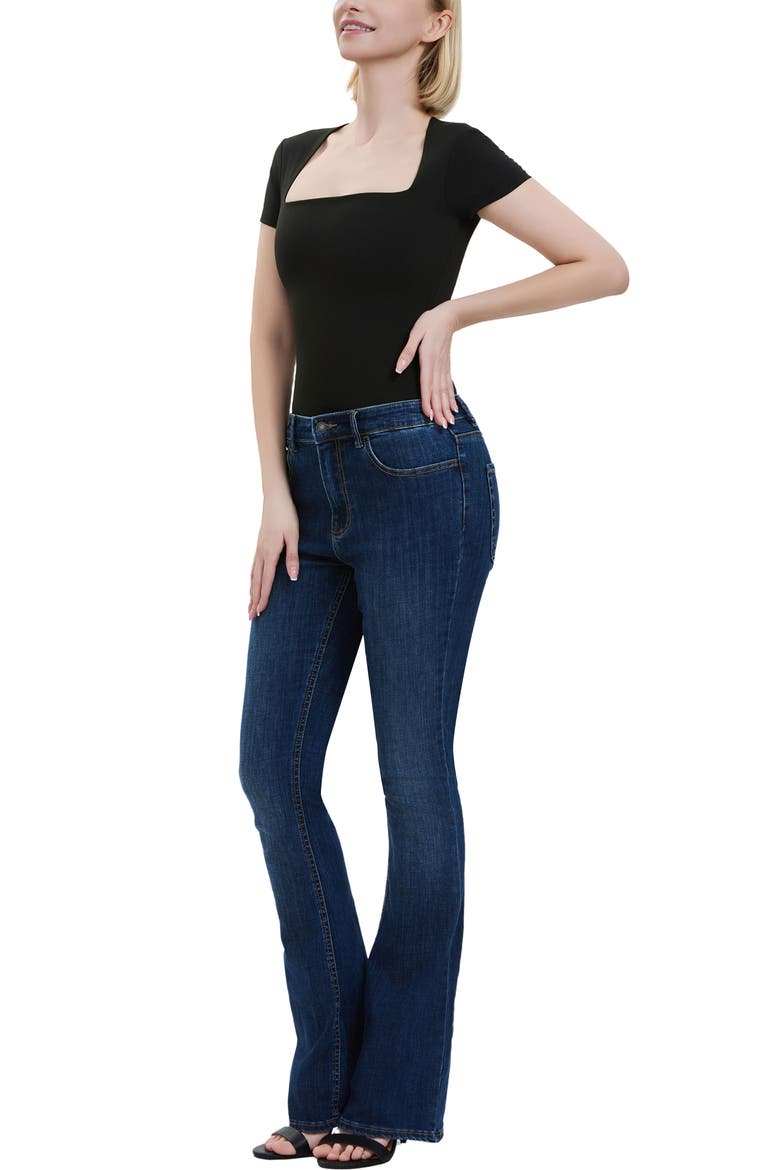 Women's Square Neck Short Sleeve Bodysuit, Alternate, color, Black